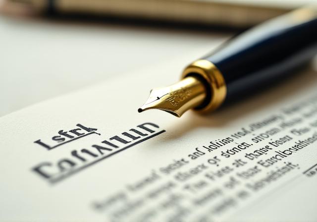 Close up of a legal contract with a gold fountain pen