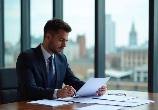 A legal professional reviewing complex documents in a modern office