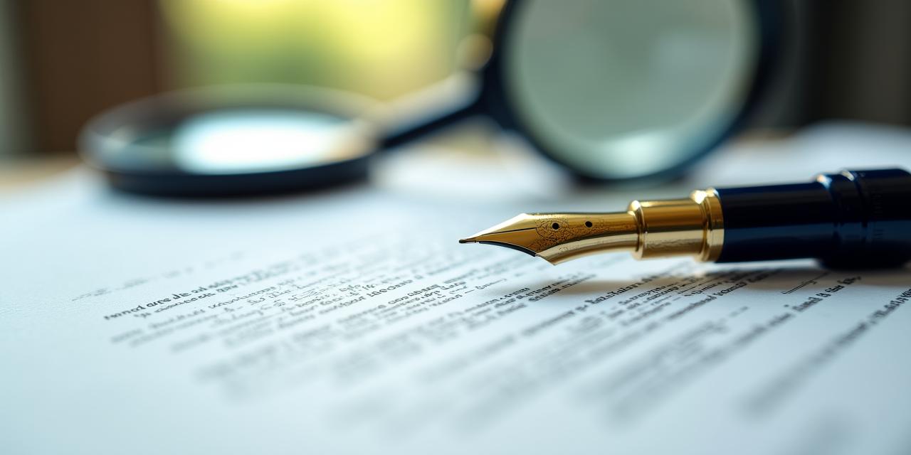 Close up of a fountain pen resting on a detailed legal document with magnifying glass