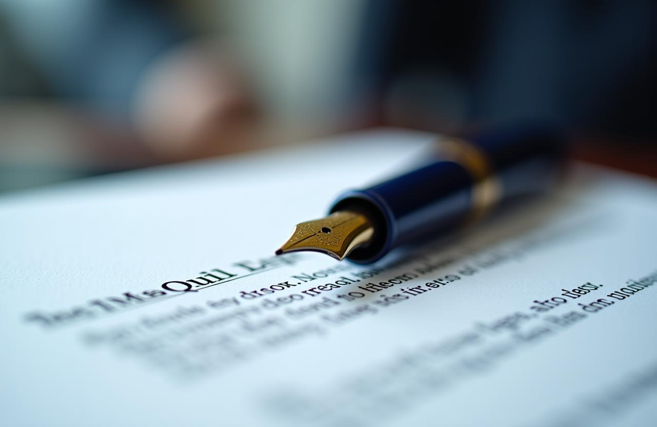 Close up of a premium fountain pen resting on a detailed legal contract in a London law office
