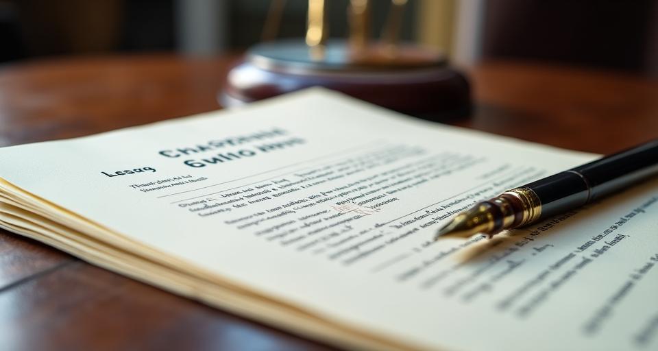 Close-up of a professional desk with legal documents and a quill pen